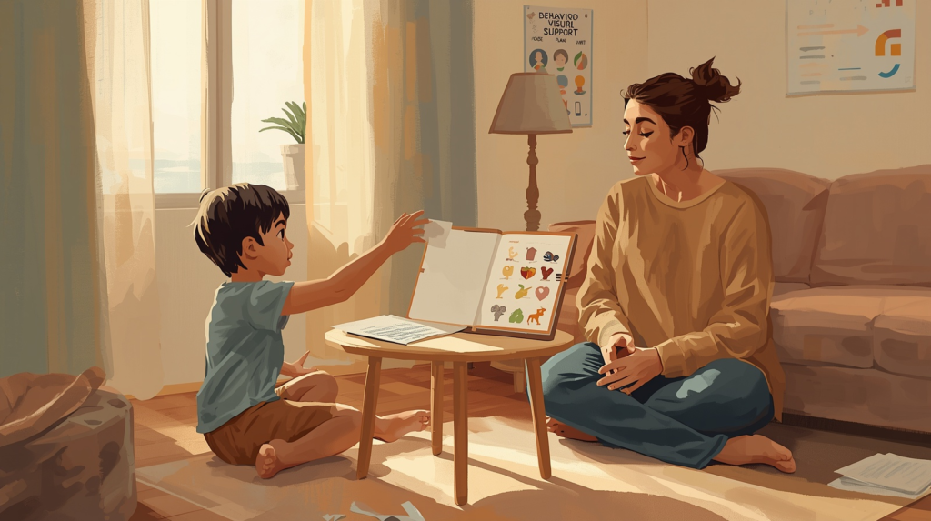Child attempting to use a communication visual card in a classroom setting with teacher support and visible visual schedule to strengthen skill transfer.