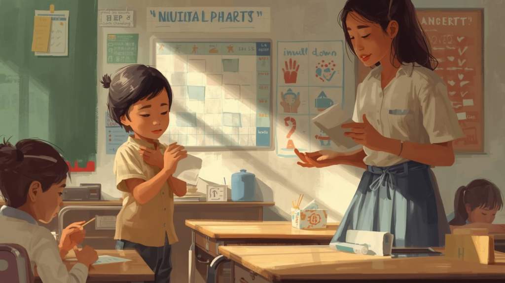Child attempting to use a communication visual card in a classroom setting with teacher support and visible visual schedule to strengthen skill transfer.