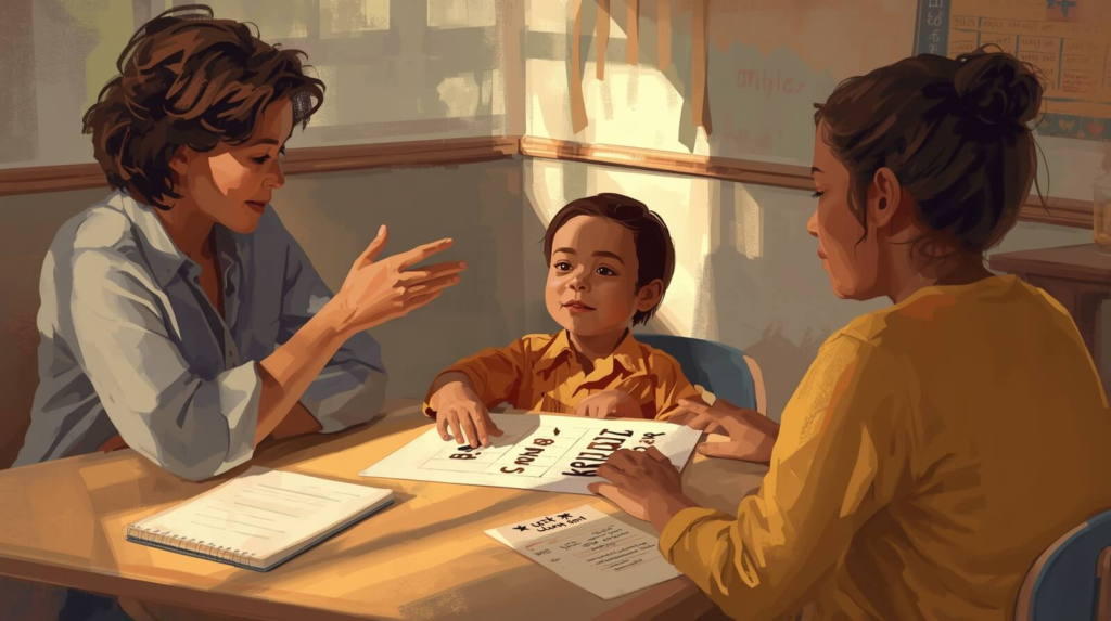 Child practicing a communication request in a classroom setting with parent and teacher support using a visual choice board and structured checklist.