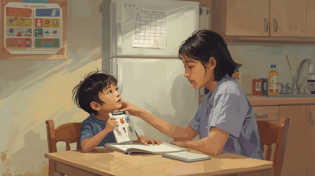 Parent reinforcing a child’s communication skill at a kitchen table using a visual schedule and structured checklist to support generalization.