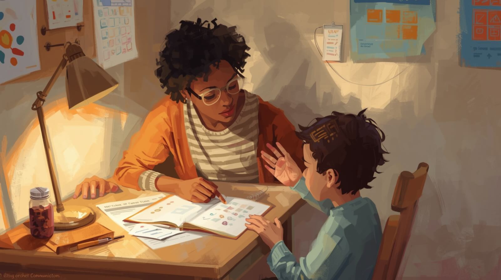 Parent and child reviewing a structured checklist and visual schedule at home to adjust strategies for improving skill generalization.