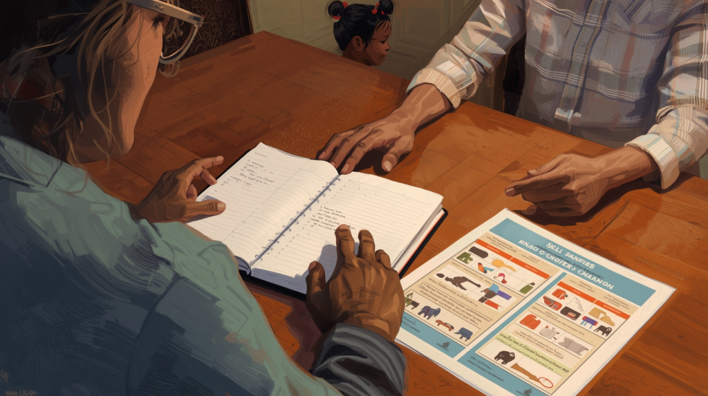 Parent and ABA therapist reviewing structured data notes and a visual schedule at a home table while supporting a child’s skill generalization.