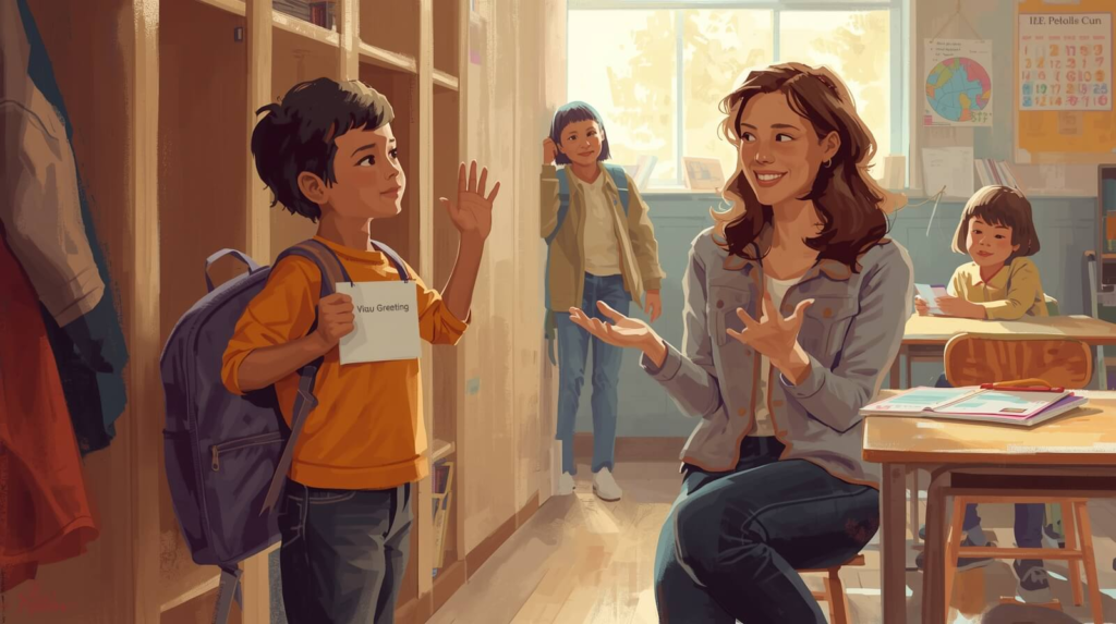 Child greeting a teacher in an elementary classroom using a laminated visual cue card to support skill generalization across school settings.