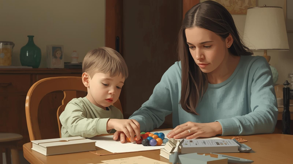 Child with autism showing behavioral rigidity by repeating routines while parent supports emotional regulation.