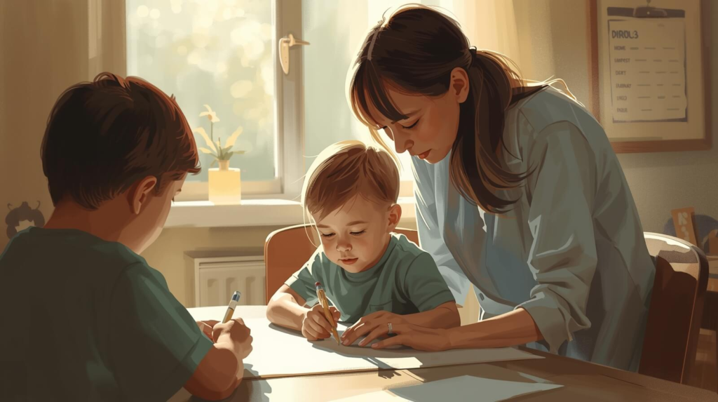 Parent helping child with autism transition between activities using visual schedule and countdown strategies.