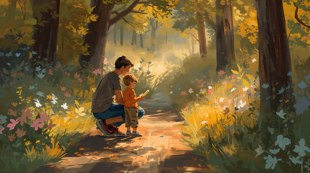 parent and child exploring nature during experiential learning outdoor activity