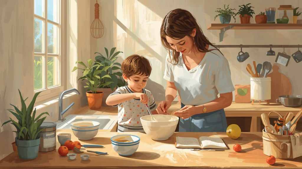 child learning through hands-on cooking activity with parent at home