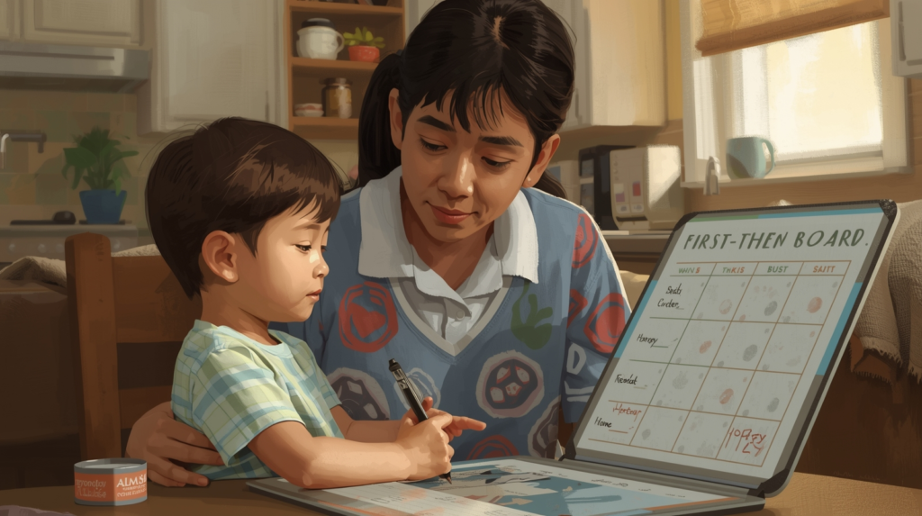 Parent using visual supports like first-then board to teach flexibility at home.