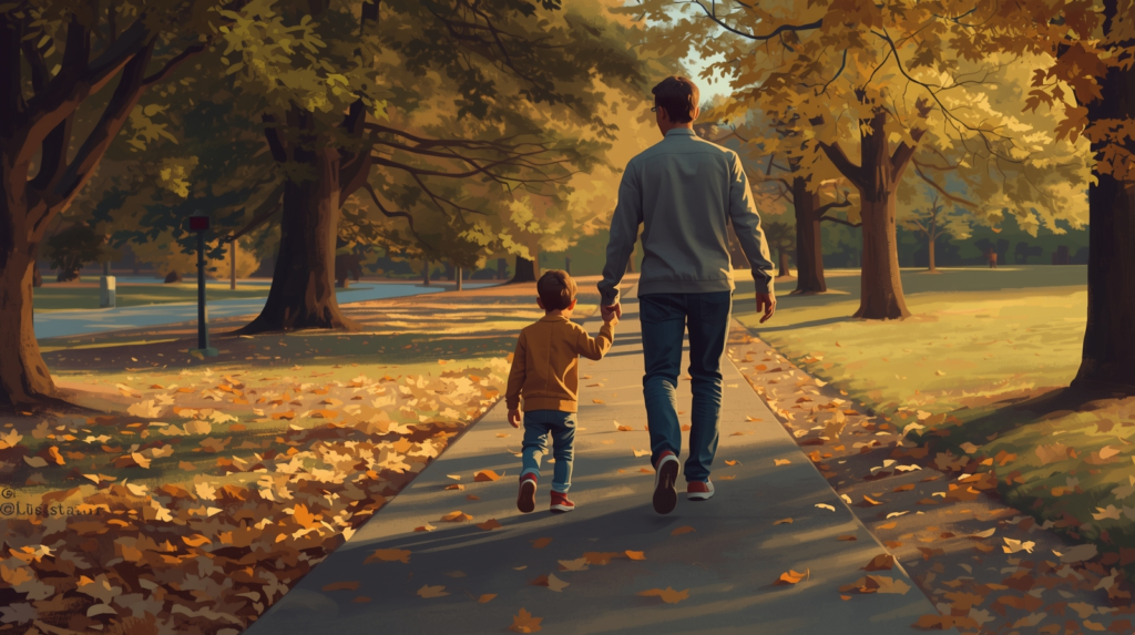 Parent and child walking together in a park while stepping over fallen leaves, showing guidance, adaptation, and learning through everyday experiences.