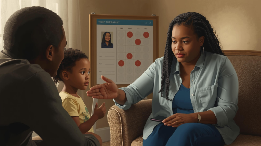 Child adjusting to a new therapist and different ABA routine using visual supports and reinforcement.