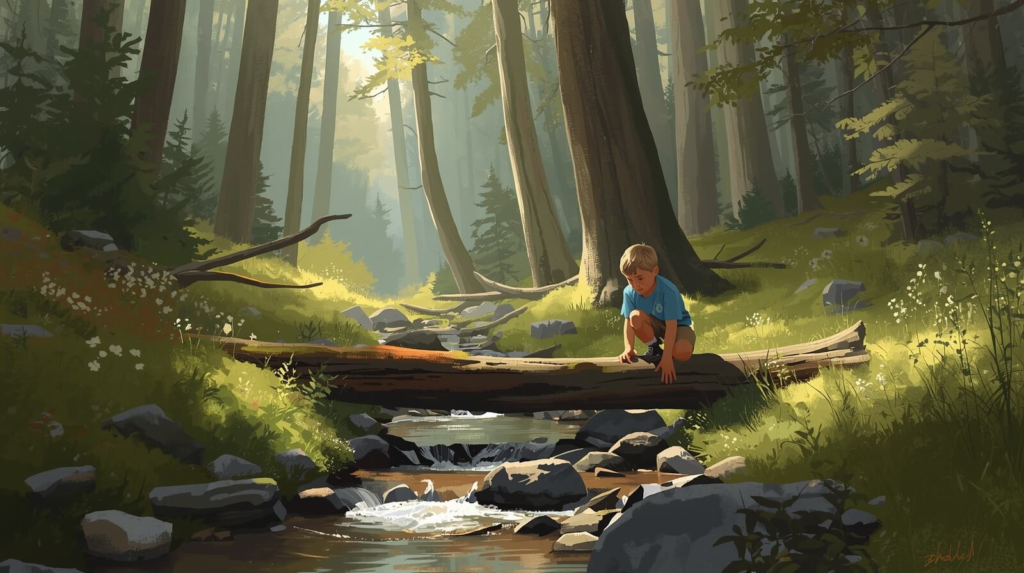 A child exploring a forest trail and examining nature while learning confidence through outdoor play and hands-on discovery.