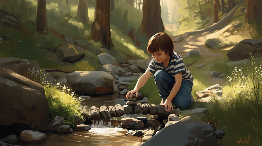 child learning through trial and error while solving a problem during outdoor exploration