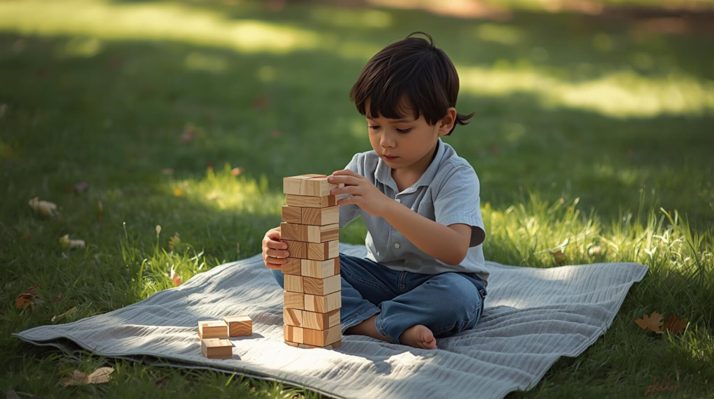 Child building a tower during hands-on play while learning problem-solving and critical thinking skills through experimentation.