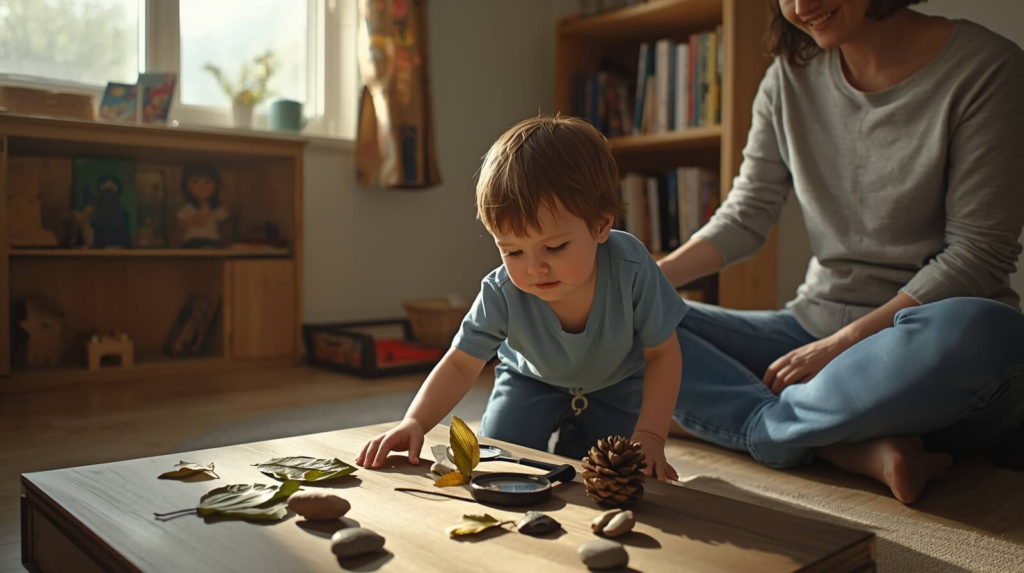 Curious child exploring objects with a parent nearby, encouraging curiosity, discovery, and early learning through exploration.
