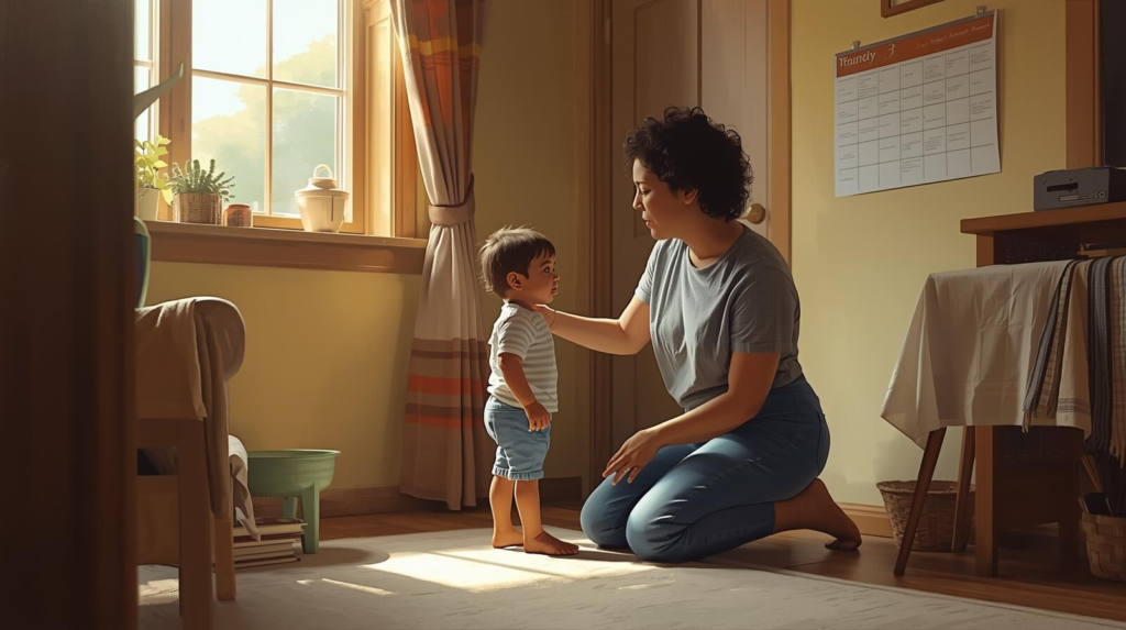 Parent helping child with autism adapt to a change in routine using calm ABA strategies and visual supports.