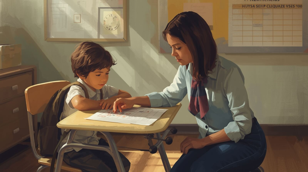 Child with ADHD using a visual checklist in a classroom setting while teacher provides structured support to improve skill carryover.