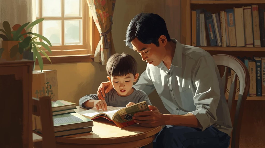 Parent supporting a child who is hesitating during reading practice at home