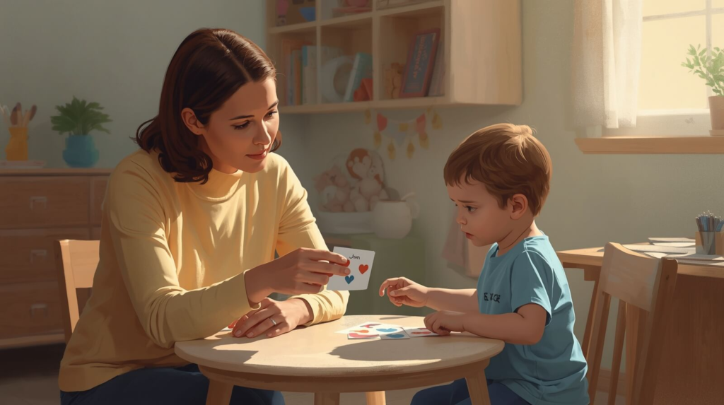 BCBA demonstrating Functional Communication Training to a parent and child using visual communication tools.
