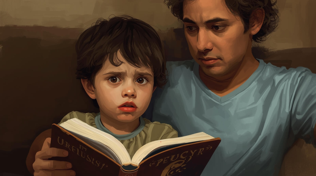 A child feels unsure and hesitant while reading with a supportive parent nearby