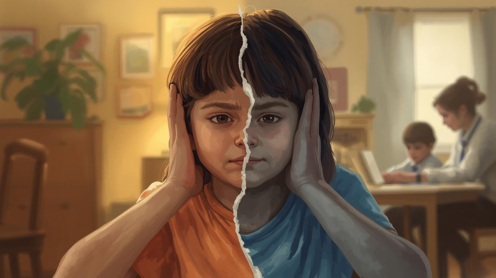 Child transitioning from distress to using a communication device during Functional Communication Training.