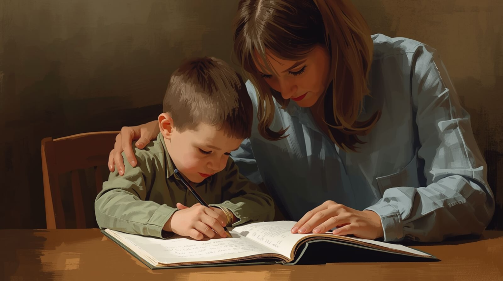 Parent guiding a child through decoding words step by step during reading practice
