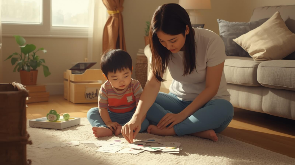Parent using PECS cards and a first-then board to teach communication skills at home.