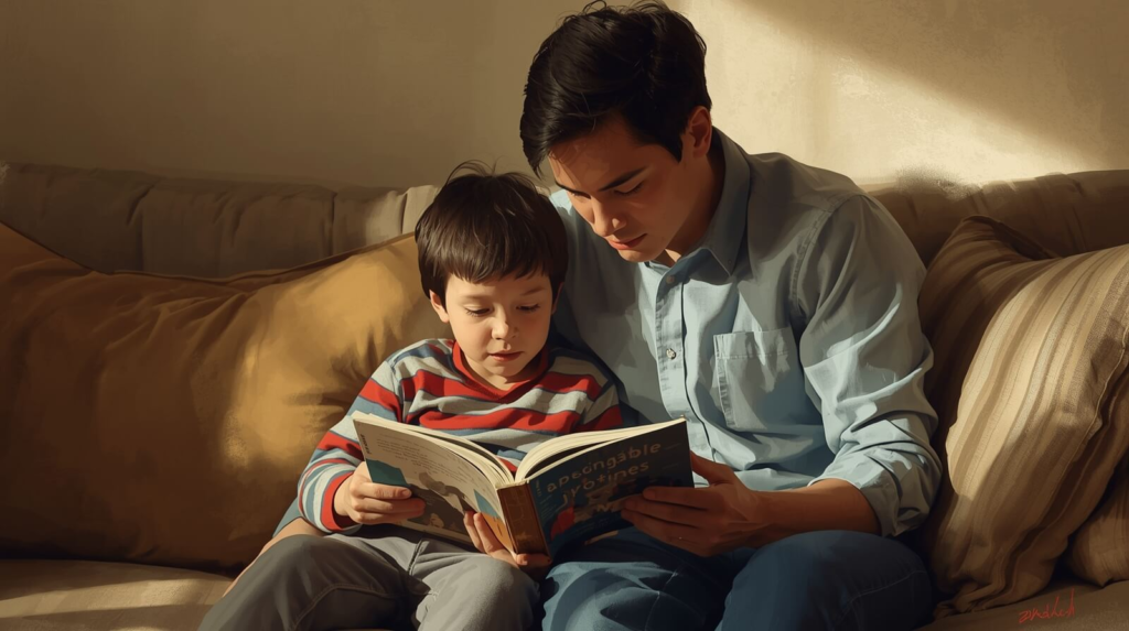 Parent and child following a simple structured reading routine at home
