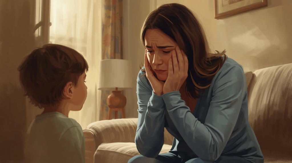 Parent pausing and redirecting a child to use communication instead of reacting to challenging behavior.