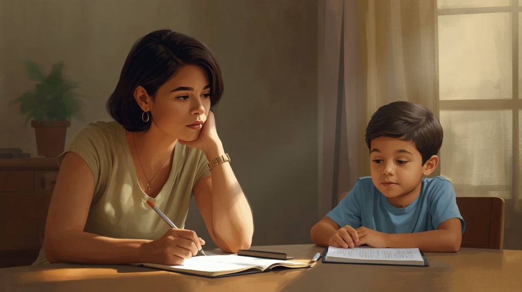 Parent reviewing communication strategies for autism while child plays calmly nearby.