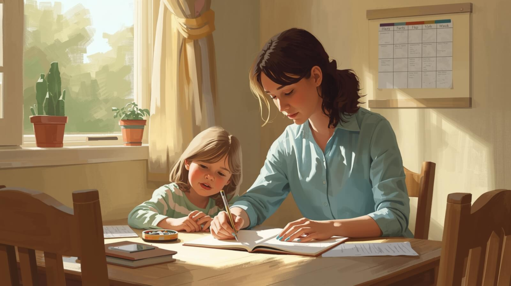 Parent helping child with ADHD transitions using a timer and visual schedule to support task switching and daily routines.