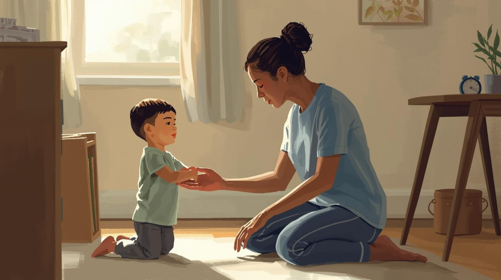 Parent helping child with ODD transitions using a visual schedule and timer to reduce defiant behavior and support routine changes.