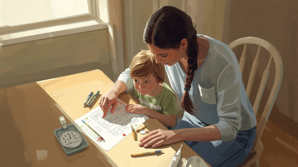 Parent helping child with learning disabilities move from one task to another using a visual schedule and timer to support task transitions.
