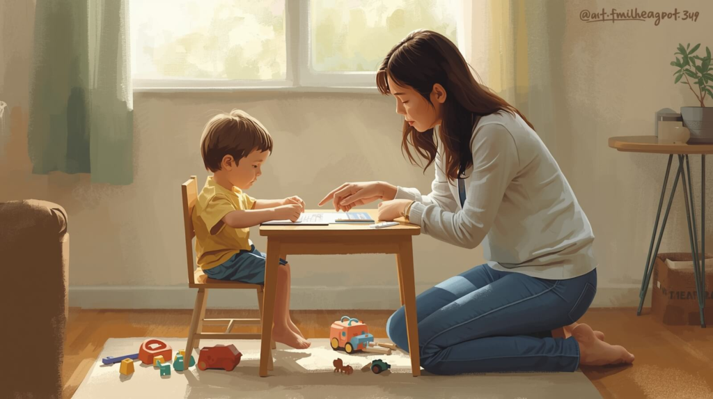 Parent helping a child with anxiety manage a transition using a visual schedule and timer to reduce stress and improve routine.