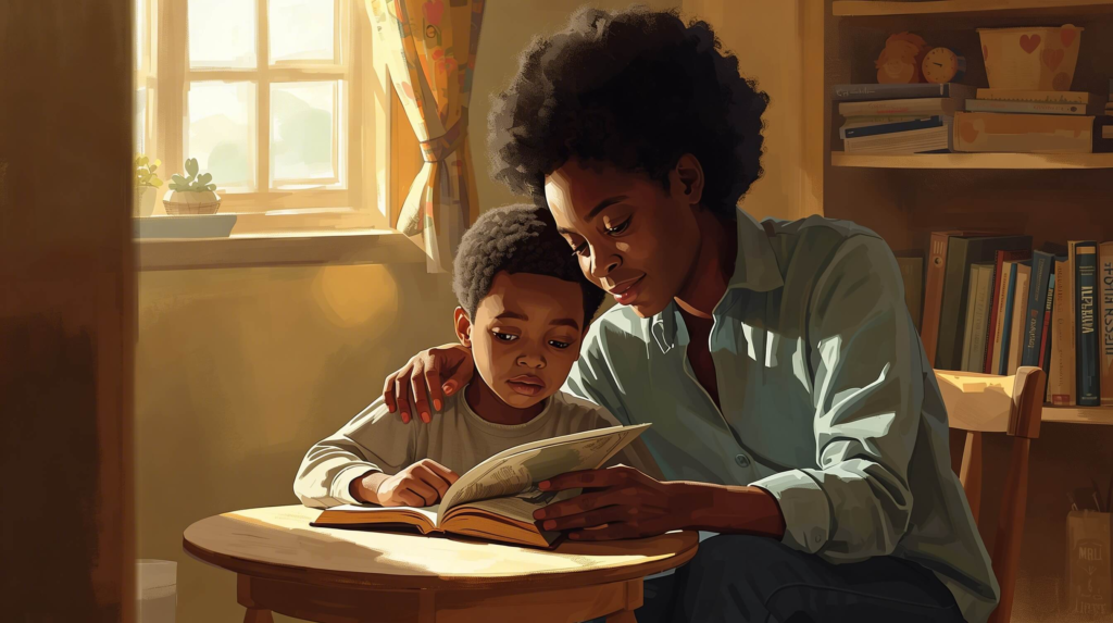 Parent calmly supports a child who is hesitating while reading at home in a safe and encouraging environment