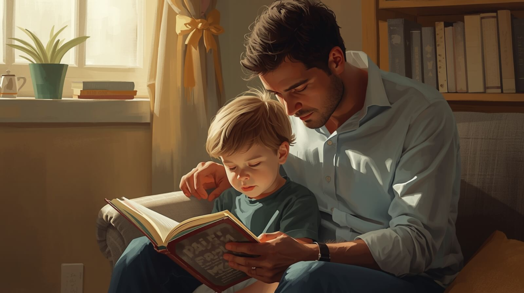 Child with ADHD struggling to stay focused during reading while parent provides calm support