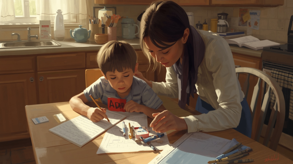 Parent helping a child with ADHD use a communication card during homework frustration.