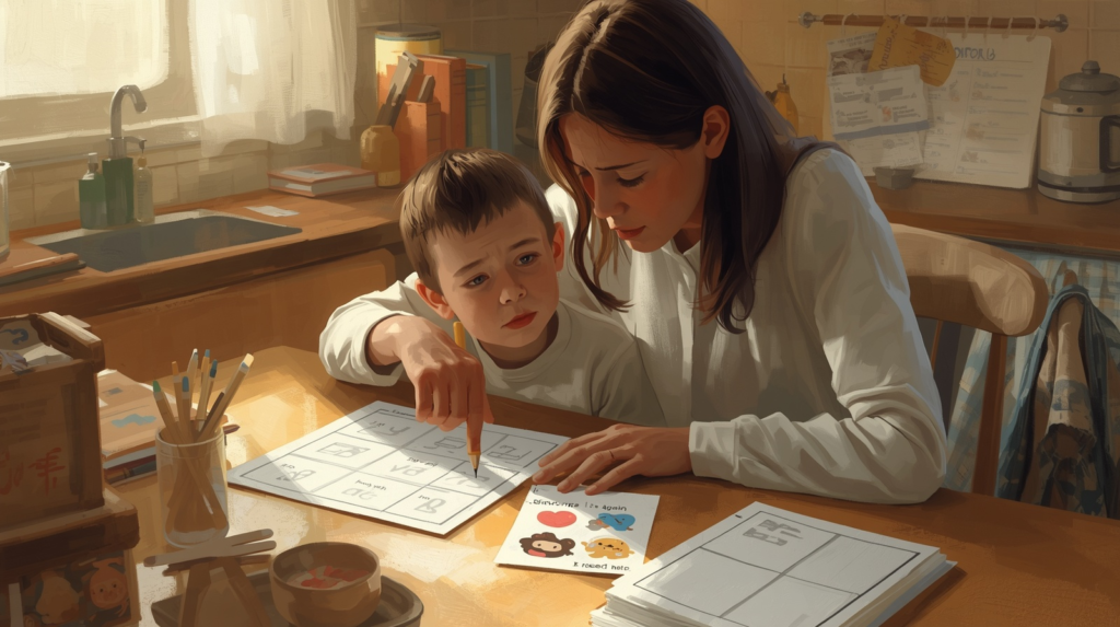 Parent helping a child with a learning disability use a help card during a difficult homework task.